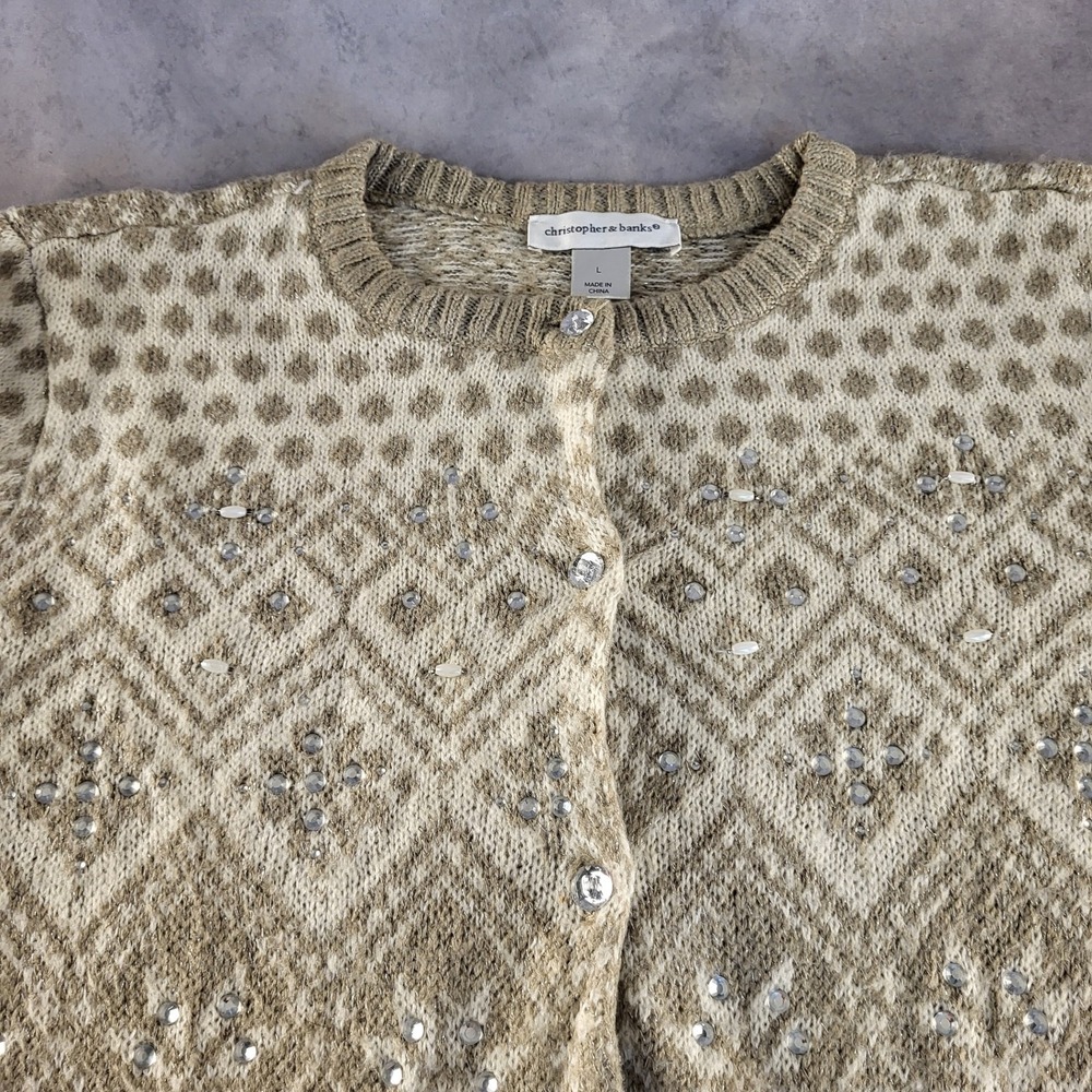 Christopher Banks Women's L Sequin Beaded Fair Isle Snowflake Cardigan Sweater
